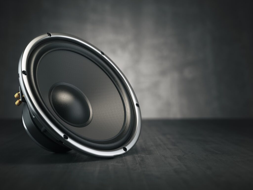 Loudspeaker. Multimedia acoustic sound speaker on black backgro